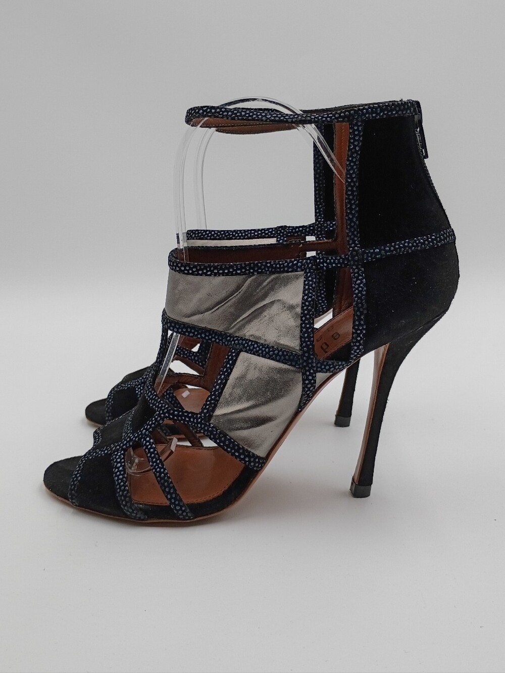 Edmundo Castillo Caged Stiletto Sandals Black Suede Silver Band Heels 37.5 Italy